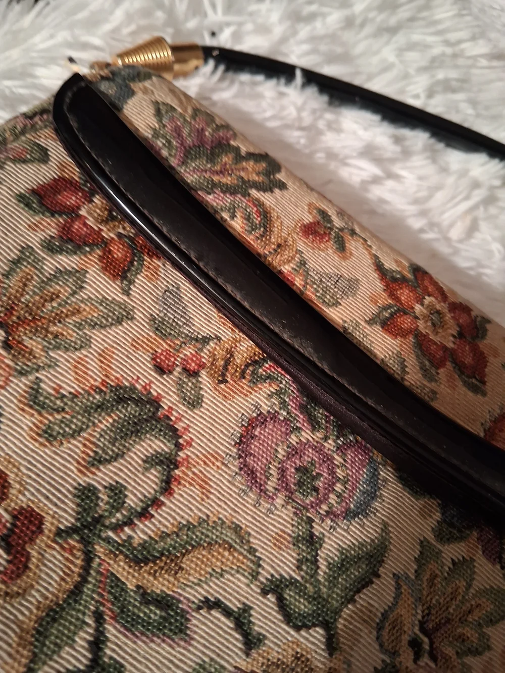 Vintage Floral Tapestry Clutch with Black Patent Handle